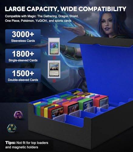 Image of MoKo Trading Card Storage Box, 3000+ MTG Deck Box with 24 Colorful Dividers & 4 Card Supporters, Commander Card Deck Case Fits for Magic Game Cards, YugiOh, TCG, PTG and Sport Cards, Black Blue