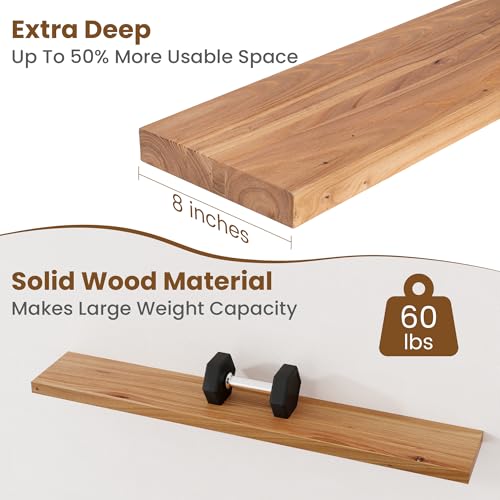 Image of Floating Shelves for Wall Decor, 8 inch Deep Rustic Solid Elm Wood Floating Shelves Wall Mounted, Wall Shelves with Invisible Bracket for Living Room Bathroom Bedroom Kitchen, 48 Inch Set of 1, Natural