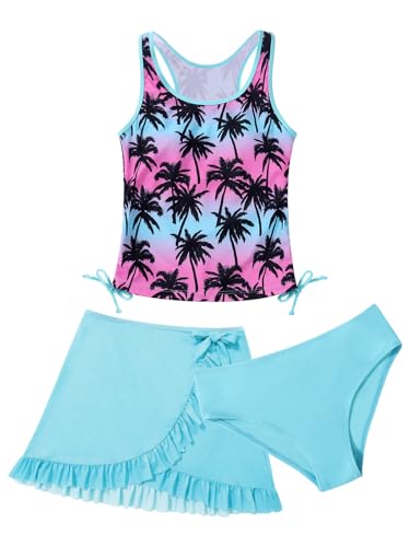 ESHOO Conjunto de bikini de 3 piezas para niñas, traje de baño tankini de secado rápido con falda de cobertura, traje de baño de playa para 7-14 años, Blue-palm Tree 1, 7-8 años