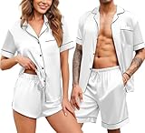 Ekouaer Silk Satin Couples Matching Pajamas Sets Button Down Nightwear Women & Men Short Sleeve Sleepwear 2 Pieces Loungewear White X-Large