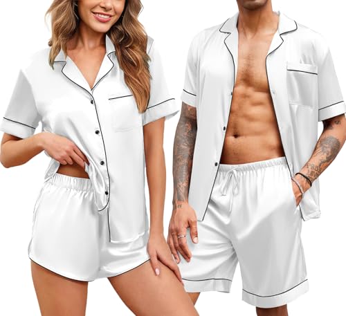 Ekouaer Couple Matching Pajamas Sets Silk Satin Button Sleepwear White L