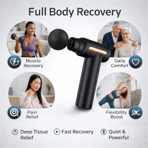 Image of Percussion Massage Gun, Black with Gold Accents, 5 Interchangeable Heads, Deep Tissue Muscle Recovery