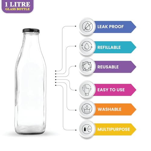 Image of Glassbunny Glass Milk Bottle with Airtight Black Metal Lid - 1 Liter Reusable Glass Beverage Jar for Fridge, Fresh Juice, Smoothies & Water Storage - BPA-Free & Eco-Friendly 2PC