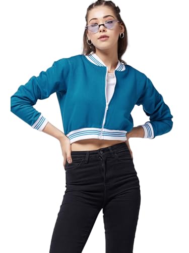 Image of Miss Chase Women's Off White V-Neck Full Sleeves Bomber Cropped Jacket