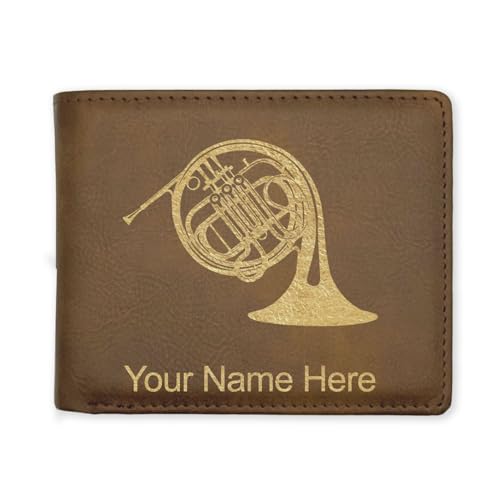 LaserGram Faux Leather Bi-Fold Wallet, French Horn, Personalized Engraving Included (Rustic with Gold)