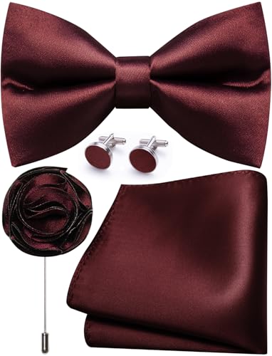 Image of Solid Color Bow Ties for Men Silk Pre-tied Tuxedo Bowtie Set 4PCS | Pre-tied in 3 seconds,adjustable 4PCS bow tie and pocket square cufflinks lapel pin set,wedding,formal,party,prom,graduation