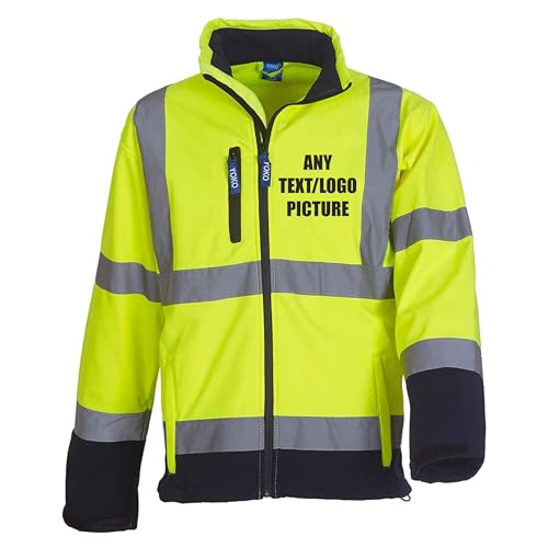 Image of Brook Hi Vis UK Custom Printed Yoko Premium Yellow/Navy Hi-Vis Soft Shell Jacket – Reflective Safety Workwear Windproof & Water-Resistant Design, Alpha, 3XL, Regular, Regular, Standard, Yellow/Navy