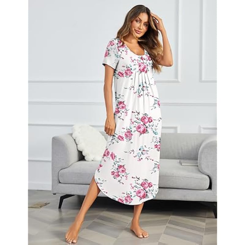 Ekouaer Long Nightgowns for Women House Dress Plus Size Sleepwear Pleated Full Length Loungwear S-4XL 상세이미지 2