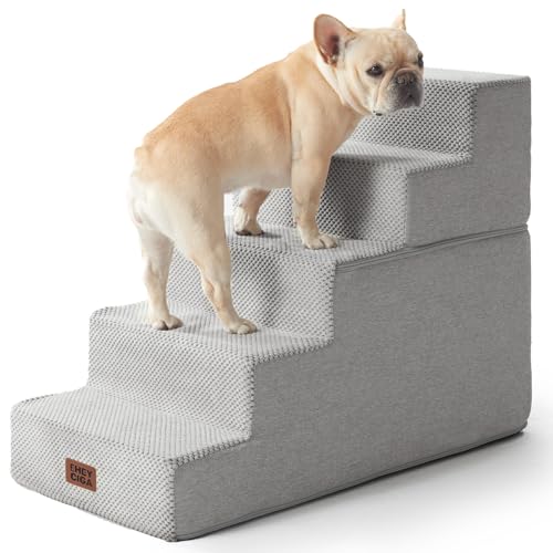 Image of EHEYCIGA Dog Stairs for High Bed 22.5 inch H, 5-Step Dog Steps for Bed, Pet Steps for Small Dogs and Cats, Non-Slip Balanced Pet Ramp Indoor, Light Grey