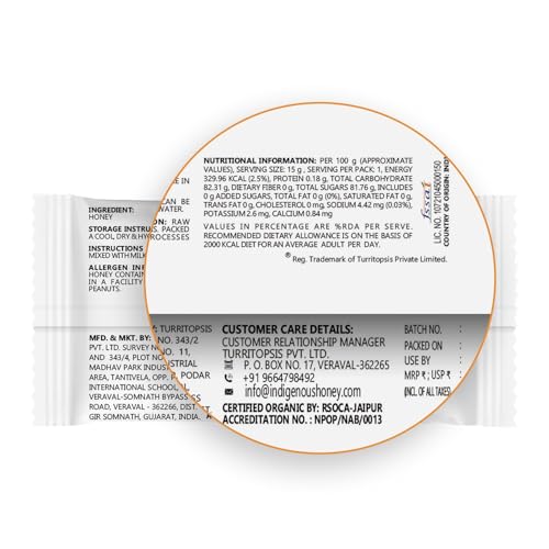 Image of INDIGENOUS HONEY Organic Natural Wild Honey Raw Pure Unprocessed Added Sugar Free NMR Tested Unpasteurized Unheated 15 Sachets Gift Pack 15g Each Total 225g