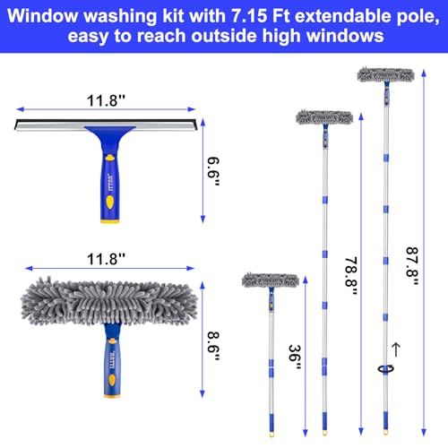 Image of ITTAR Window Squeegee with 88 Inch Extension Pole, Rotatable Window Cleaning Kit with Long Handle, Rubber Blade & Microfiber /Chenille Pads Glass Cleaner Tool for Outdoor Windows, Glass, Car