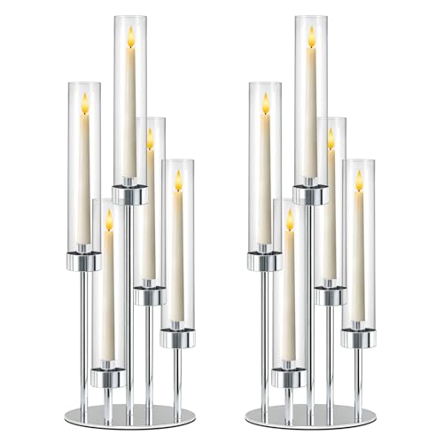 KEHAIL 2 Pcs 5-Arm Silver Metal Table Candelabra Centerpiece, 22" Tall Clear Candlesticks Holder with Shade for Valentines Day Events Party Table Centerpiece,Fit LED Candles