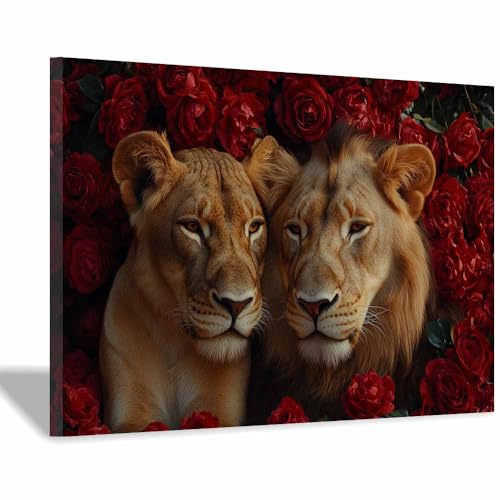 Poster lion rose rouge 60x90cm encadré pour une décoration salon moderne
