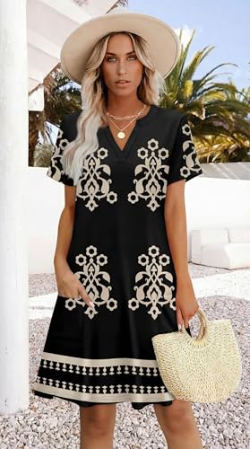 Image of WIHOLL Summer Dresses for Women Casual V Neck Wedding Guest Dress Hawaiian Midi Dress Fashion Beach Vacation Clothes