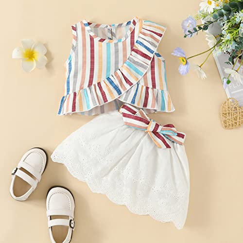 Camiseta infantil para meninas sem mangas com estampas listradas, babados, saias, manga comprida (br