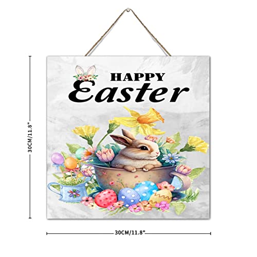 Plaque murale Happy Easter lapin bois suspension Pâques 30cm - 3