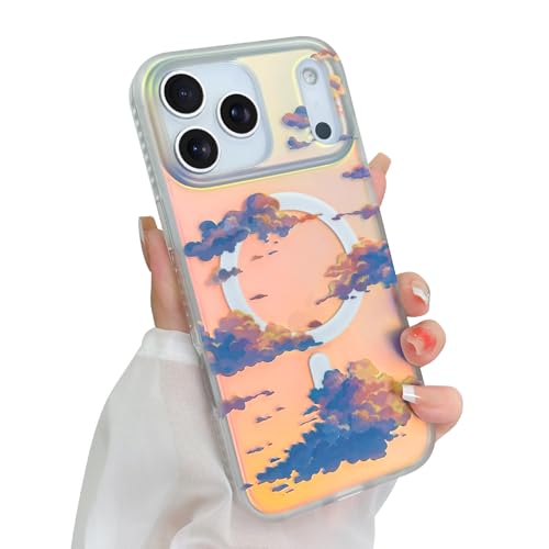 Heaofei Cute Case for iPhone 17 Pro Max Case for Women Girls [ Compatible with Magsafe ] Aesthetic Cloud Pattern Design Girly Glitter Sparkly Bling Protective Phone Cover Iridescent Sun Set Sky