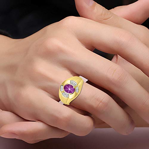 Image of Rylos Yellow Gold Plated Silver Men's & or Ladies Ring with 8X6MM Oval Gemstone & Diamonds - Unisex Color Stone Birthstone Ring Sizes 7-13