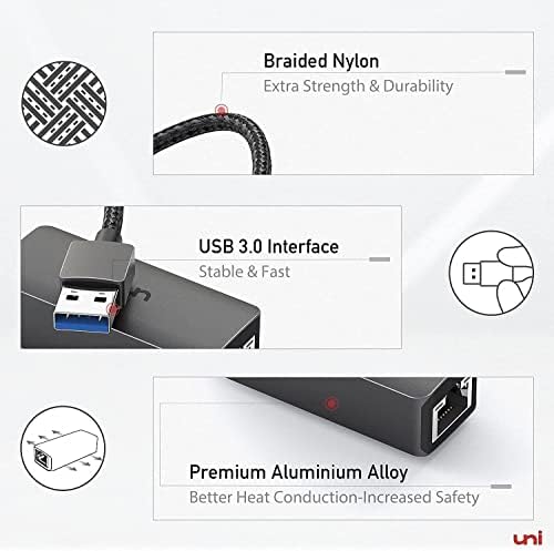 USB Ethernet Adapter (Driver Free), uni [Slim, Aluminum, Nylon] USB 3.0 to RJ45 Gigabit Lan Adapter, USB Network Adapter Compatible with MacBook, Surface Pro, Windows 11/10/8/7, XP, Vista, Mac/Linux