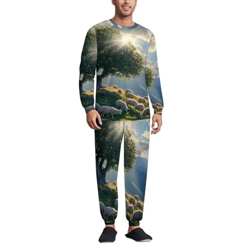 Mountain Landscape Sheeps Christian Men’s Pajama Set Long Sleeve Top And Pants Loungewear Sleepwear Pjs Nightwear