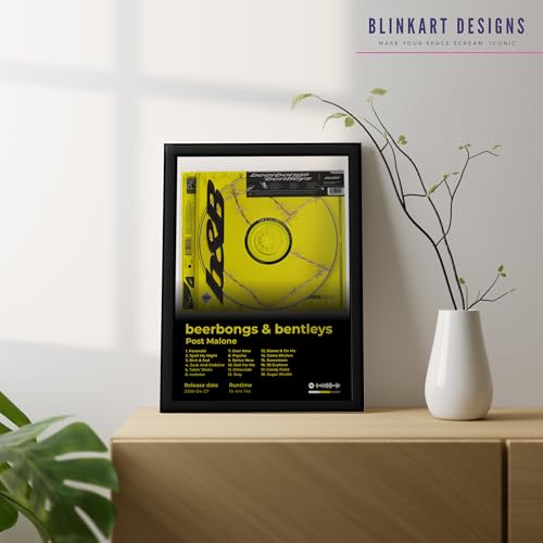 Image of BLINKART Post Malone- beerbongs & bentleys Wall Photo Frames | Wall Art for Bedroom, Living Room, Studio or Office | Album Cover Print with Spotify Song Link QR Code | Gift for Fans - 8x12 In