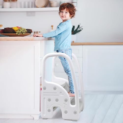Toddler 3 Step Stool Kids Standing Tower for Bathroom Sink Kitchen Counter, Plastic Stepping Standing Stool Helper with Handles Sides for Toilet Potty Training, Lightweight Non-Slip