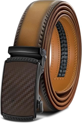 Men Belt, Ratchet Click Sliding Genuine Leather Belt for Gift, 1 3/8, Cut for Fit