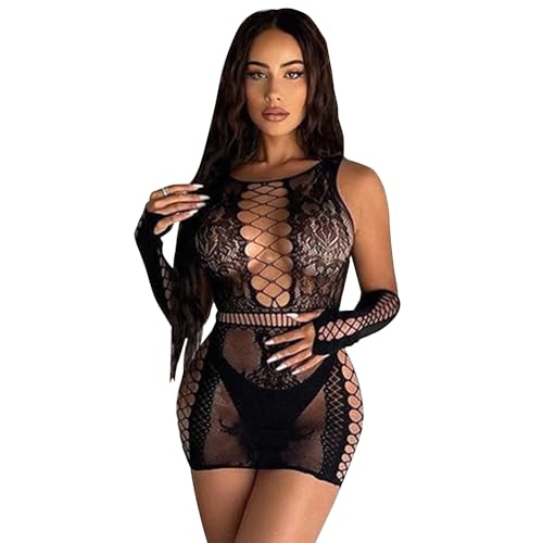 QKEPCY Lingerie Sexy Femme Coquine Hot Combinaison Résille Dentelle Tenue Érotique Bodystocking Nuisette Ensemble sous Vêtements Maille Ajourée Mini Robe