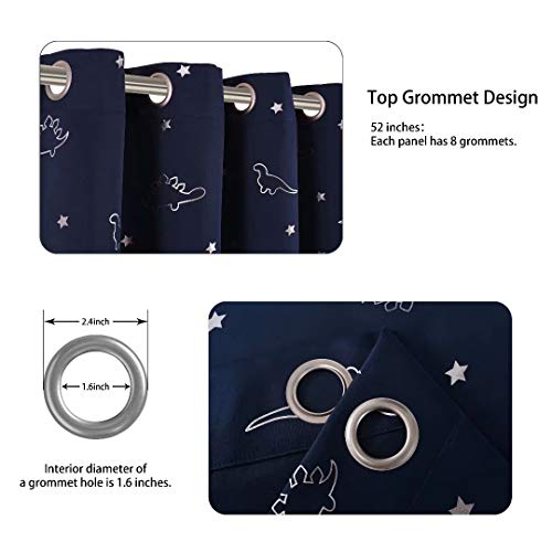 LORDTEX Dinosaur and Star Foil Print Blackout Curtains for Kids Room - Thermal Insulated Curtains Noise Reducing Window Drapes for Boys and Girls Bedroom, 52 x 63 Inch, Navy, Set of 2 Panels