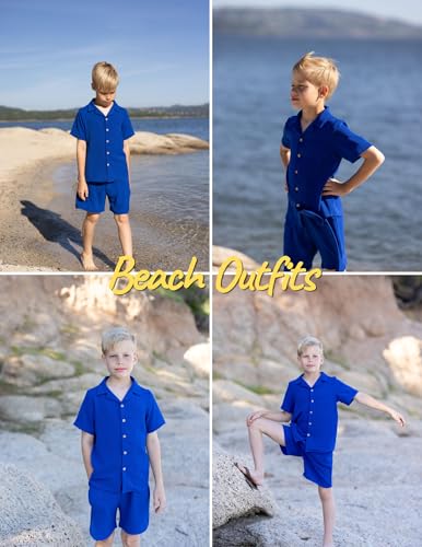Image of Arshiner Boys 2 Pieces Summer Beach Outfits Short Sleeve Button Down Shirts and Shorts Vacation Texture Sets for Kids