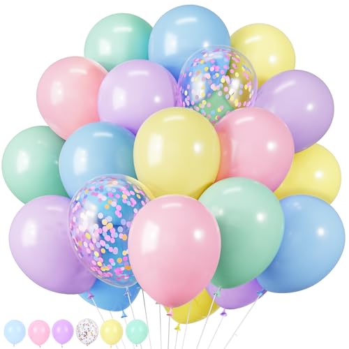 RUBFAC Pastel Balloons Easter Party Balloon 65pcs 12 Inch Light Rainbow Colorful Latex Confetti Balloons for Easter Birthday Baby Shower Bridal Wedding Party Decoration