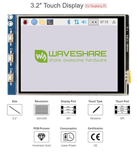 Image of Waveshare 3.2inch Resistive Touch Display Compatible with Raspberry Pi 4B /3B+ /3B /2B /B+ /A+ /Zero /Zero W /WH /Zero 2W Series Boards 320x240 Resolution SPI