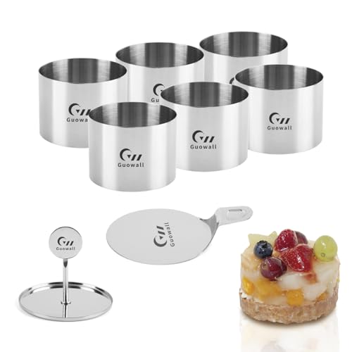 Guowall Cake Rings Set, 3 Inch Mousse Rings Stainless Steel Seamless Dessert Moulds with Food Press and Spatula, Round Mould for Crumpets Mousse Pastry Desserts