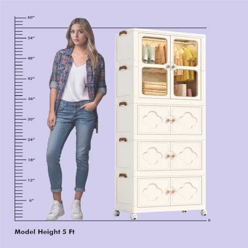 Image of ALOXE Plastic Wardrobe | Foldable Cupboard for Clothes & Bedroom Storage | Stackable Almirah with Wheels for Home & Kids | 3 Layer
