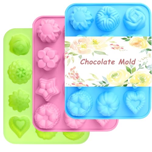 3-Pack Silicone Flower Molds (12 Cavities) | Food-Grade Baking Tray for Chocolate, Candy, Soap & Pet Treats | 3D Floral & Heart Design | Dishwasher Safe, Non-Stick, -40°F to 446°F (BPA Free)