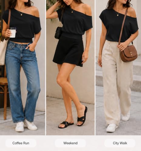 Image of SOFIA'S CHOICE Women's Off The Shoulder T Shirt Crop Top Casual Summer Dolman Sleeve Asymmetrical Cinched Waist Tops