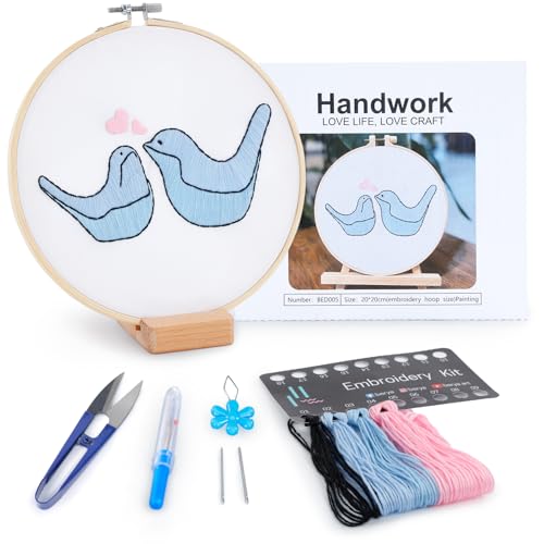 Image of Embroidery Kit for Adult Beginners, Small Birds Embroidery Kit with Step-by-Step Instructions and Video, Printed Cloth, 7.87 inch Hoop, Display Stand, Color Threads and Tools for Craft Lover(BED005)