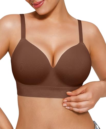Popilush Bras for Women No Underwire Supportive Push Up Bralettes Wireless Full Coverage Plus Size T-Shirt Bra (36C-D) Dark Brown