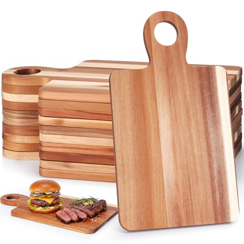 Image of 10 Pcs Acacia Wood Cutting Board with Handle Bulk 13.8 x 7.9'' Square Charcuterie Chopping Board for Pizza Cheese Meat Decorative Natural Wooden Serving Tray for Kitchen and Dining Room
