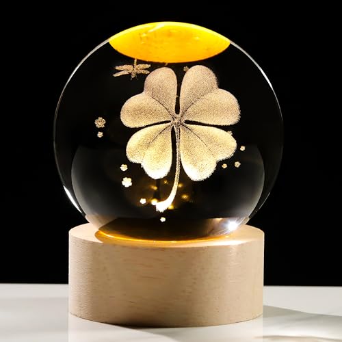 Image of 3D Crystal Ball Clover Gifts for Women Men - Clover Statue Paperweight Birthday Irish Gifts for Best Friend Daughter Keepsake Paperweight - Plants Figurines Statues Home Decor