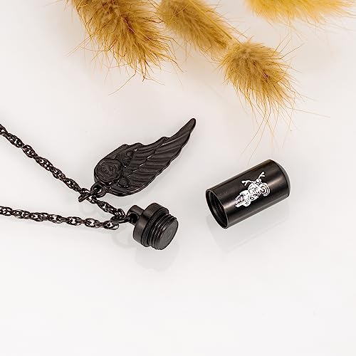 Cylinder Urn Necklace for Ashes Memorial Ashes Necklace with Angel Wing Motorcycle Biker Memorial Urn Pendant Ash Keepsake Cremation Jewelry3