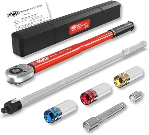 FAMEX 10914 Jeu de clés dynamométriques 1/2 (12,5 mm) 30-210 Nm pour changement de pneus – Avec 3 douilles et clé articulée très résistante de 60 cm 630 Nm, rallonge, kit de changement de roue