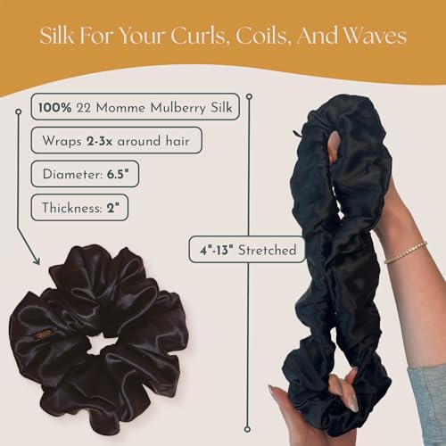 Image of Silk Scrunchies for Women Ponytail Holders - Oversized Mulberry Silk Scrunchies - Extra Large No Damage Hair Ties for Curly, Thick, and Thin - Hair Accessories for Women - Onyx Black, XL By Curlfriend
