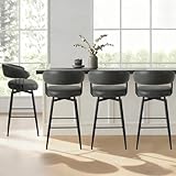 Glitzhome Barstools Set of 4, 31.5' H Seat Height Mid Century Swivel Bar Stools with Back Footrest, Upholstered Leatherette Fabric Bar Height Chairs for Kitchen, Pub, Slate Black, 360-degree Swivel