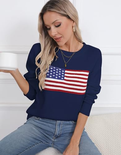 Image of Women's American Flag Pullover Sweaters Long Sleeve Crew Neck Knit Sweater