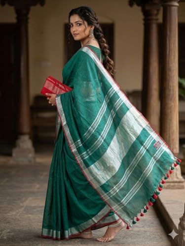 Image of STB-SILK TEXTILES BHAGALPUR Women's Linen Slub Saree With Contrast Blouse Piece