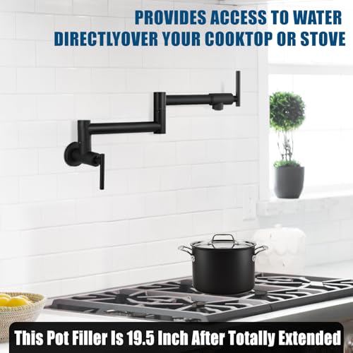 Image of Pot Filler Faucet Wall Mounted Folding Stretchable Kitchen Sink Water Tap with Double Joint Swing Arm Single Hole Two Handles Restaurant Kitchen Faucets, Matte Black, T-Shape Handle