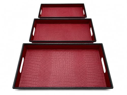 Image of KITCHIVO 3 Pcs Plastic Serving Tray Set with Handle | Multipurpose Tea Snacks Breakfast Tray | Floral Printed Rectangular Serving Trays for Kitchen & Home (Wine Red)