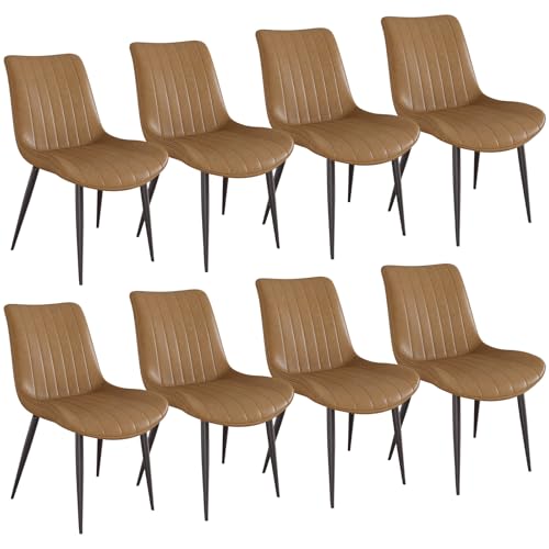 AmoUnico Dining Chairs Set of 8, Leather Modern Kitchen & Dining Room Chairs, Comfortable Upholstered Kitchen Chairs with Metal Legs Armless Side Chairs for Living Room Bedroom Restaurant Cafe, Brown