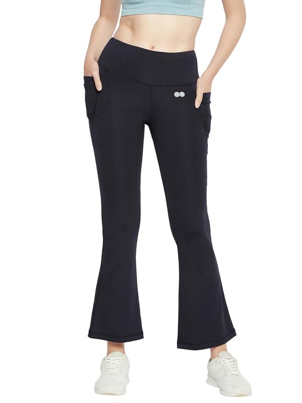 Image of Clovia Women's Comfort Fit High-Rise Flared Yoga Pants with Side Pockets (AB0119R08 Blue S)